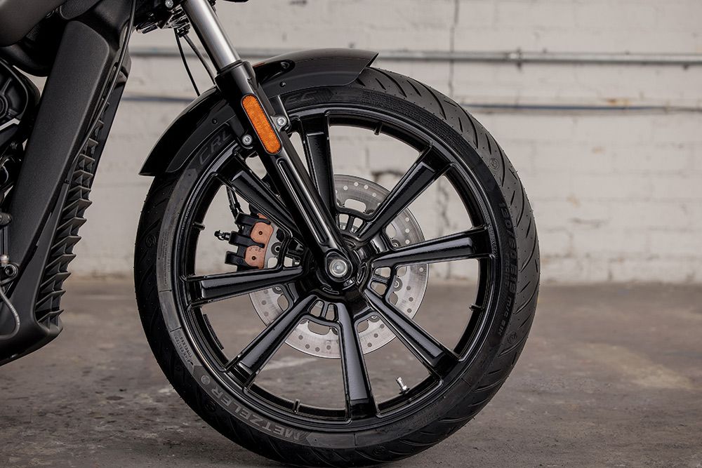 close up of front wheel of indian scout rogue motorcycle